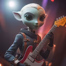an alien musician holding a guitar on stage