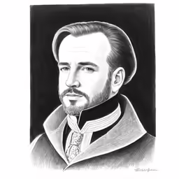 a black and white drawing of a man in a suit