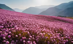 flowers are flowering in a flower bed along a mountain