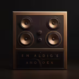 an old style speaker with golden lettering on a dark background