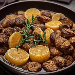 a plate of meatballs, lemon and rosemary with a few slices