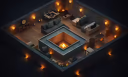 a room with two couches, one a fireplace and several candles