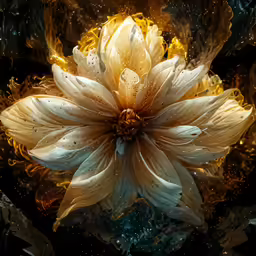 a white and yellow flower with bubbles of water