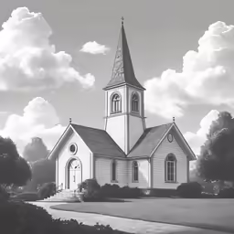 a church with a tower and steeple on a sunny day