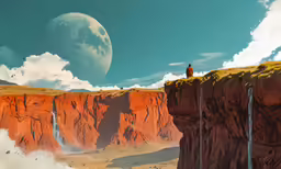 a man sitting at the edge of a cliff by a waterfall