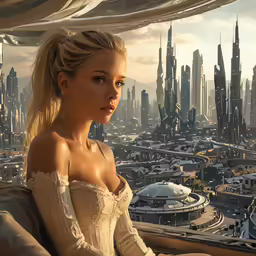 a blonde woman sits in a large window overlooking a city