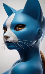the blue cat woman with very large white ears is wearing black and white makeup