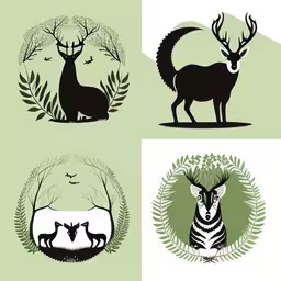 four different images with deer and antelope,four different animal with some leafy trees