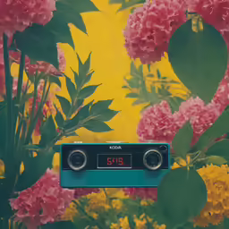 there is a radio sitting on a colorful surface