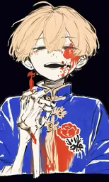 a person with bruises on his face holding a red object