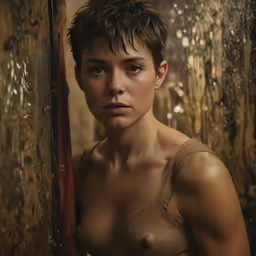 a very hot naked woman in a shower wearing an apron