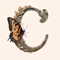 butterfly sitting on the letter c in vintage style