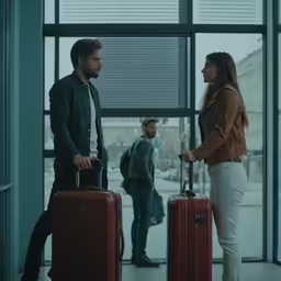 two people standing and talking as they carry their luggage