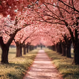 pink trees lining a path through grassy area