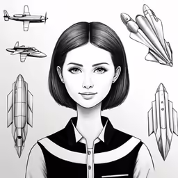 a girl in black shirt and uniform with jet planes around her