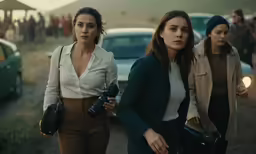 three women walking together outside near a lot of cars
