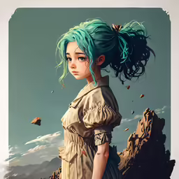 a digital painting of a woman with blue hair