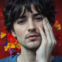 a man with his hand on his face in front of flowers