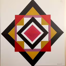 an artistic design made from overlapping squares and lines,an abstract art piece with red, black, yellow, and red squares,a photo of a red black yellow and white square design,this is an artistic artwork which consists several colors and shapes,a painting with many different colored squares and shapes