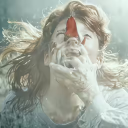 the woman in the photo is holding up a red flower