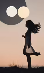 the silhouette of a woman running across a hill with an image of circles above her