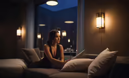 a beautiful young lady sitting on top of a couch