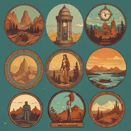 a set of 9 vintage style art deco plates of a man on a mountain,twelve vintage illustrations of people in different places