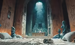 a bed with many pillows and a door