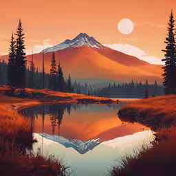 a small pond sits in front of some trees and a mountain,mountains, trees and a lake at sunset with orange colors