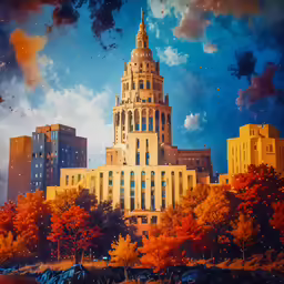 a painting of the capitol building in autumn time