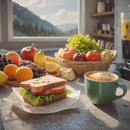 food and beverage on wooden table near open window