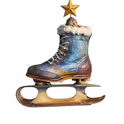 the roller skate has a blue snowboard on it