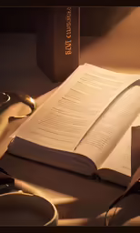 an open bible on a table with gold writing