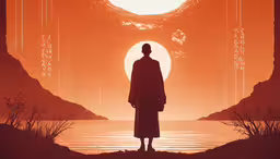 a silhouetted man looking out at the sun through a giant hole in a landscape,a man stands in front of a mountain