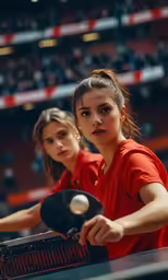 two women play table tennis at an event