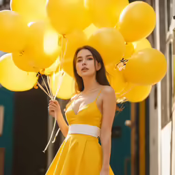 a beautiful woman wearing yellow holding balloons