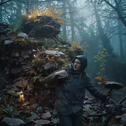 man standing in the middle of a forest with his hands in his pockets