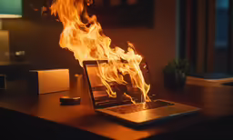 a laptop burning on top of a desk in a room