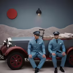two men sit on top of a car dressed in a blue suit