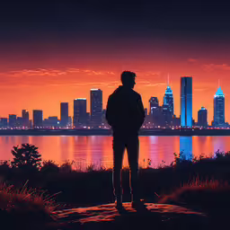 man standing on a hill at sunset looking out at the city,man standing at the edge of a cliff watching the city at night