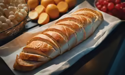 a long loaf of bread sitting next to a bowl of fruit