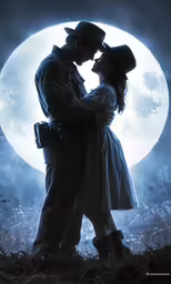 a man and woman are standing together with a full moon in the background