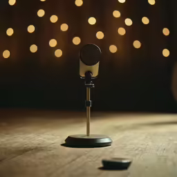 a microphone on top of a wooden table