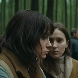 two people staring out into the woods