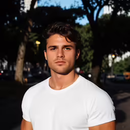 a man wearing a white shirt standing next to the street