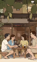 people sitting and eating around a table at an outdoor restaurant