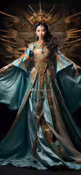 a woman in a dress and crown standing next to a painting,an oriental woman in blue, gold and white attire