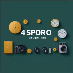 there are clocks and other objects surrounding the text, 4 sporo