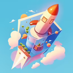 a colorful image of a rocket with some small objects