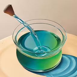 there is a glass filled with liquid and a spoon in it